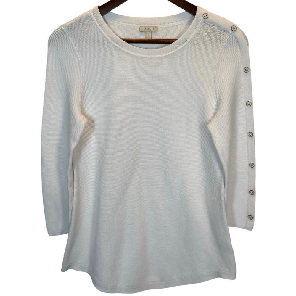 Talbots Women’s S Button Sleeve Cotton Sweater White Gold Preppy Minimalist EUC